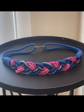 1980s Vintage Blue Pink Gold Chain Braided Cords Statement Belt Hook Clasp